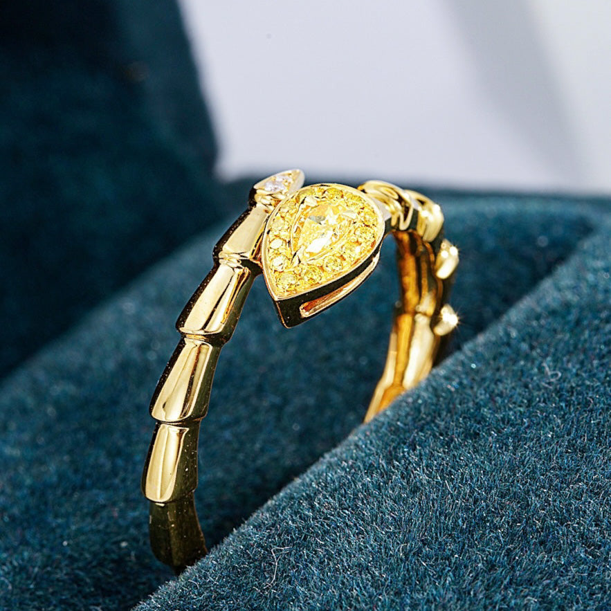 Pear Shaped Yellow Diamond Snake Cuff Ring in 18K Yellow Gold -Perspective Close-up