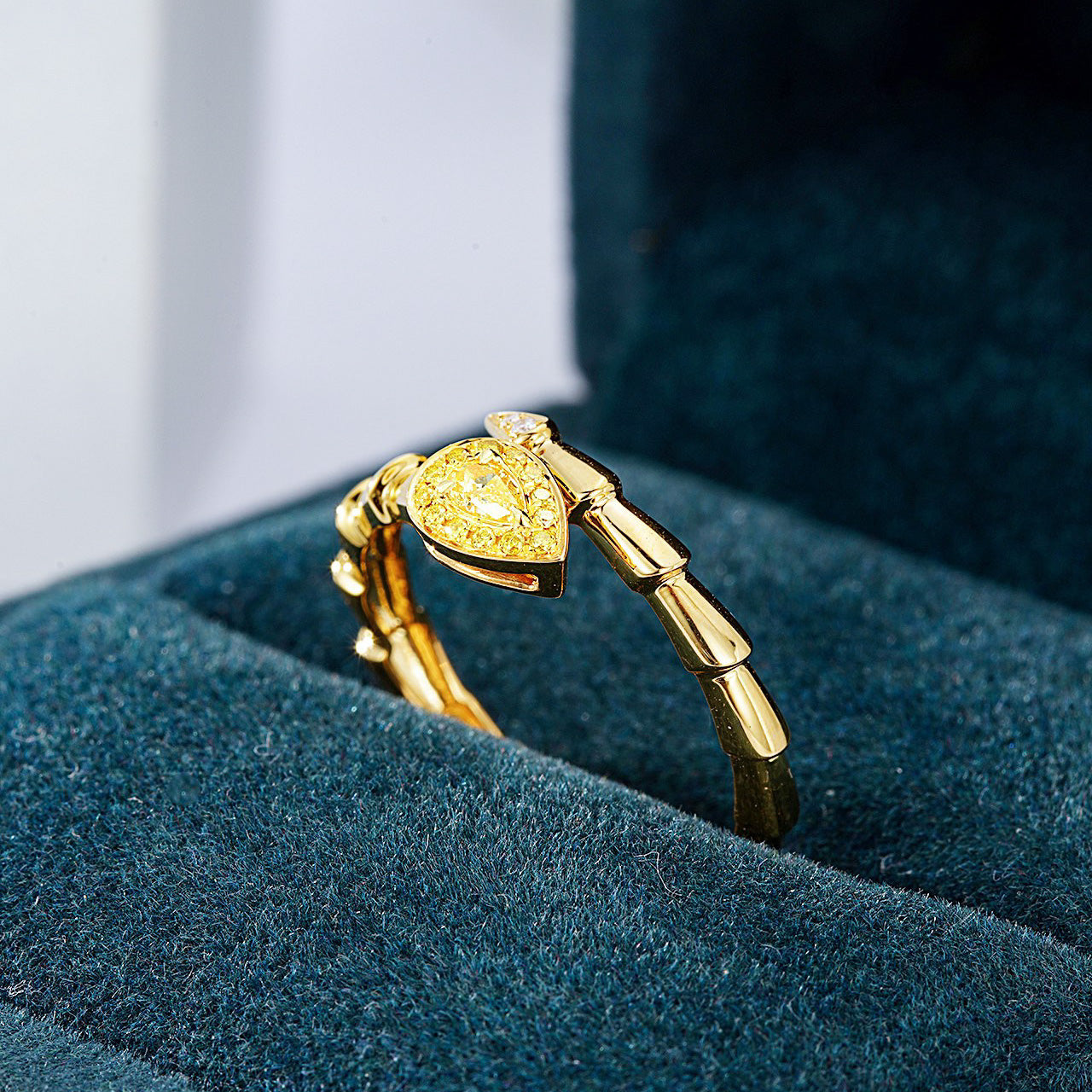Pear Shaped Yellow Diamond Snake Cuff Ring in 18K Yellow Gold -In-Box Display