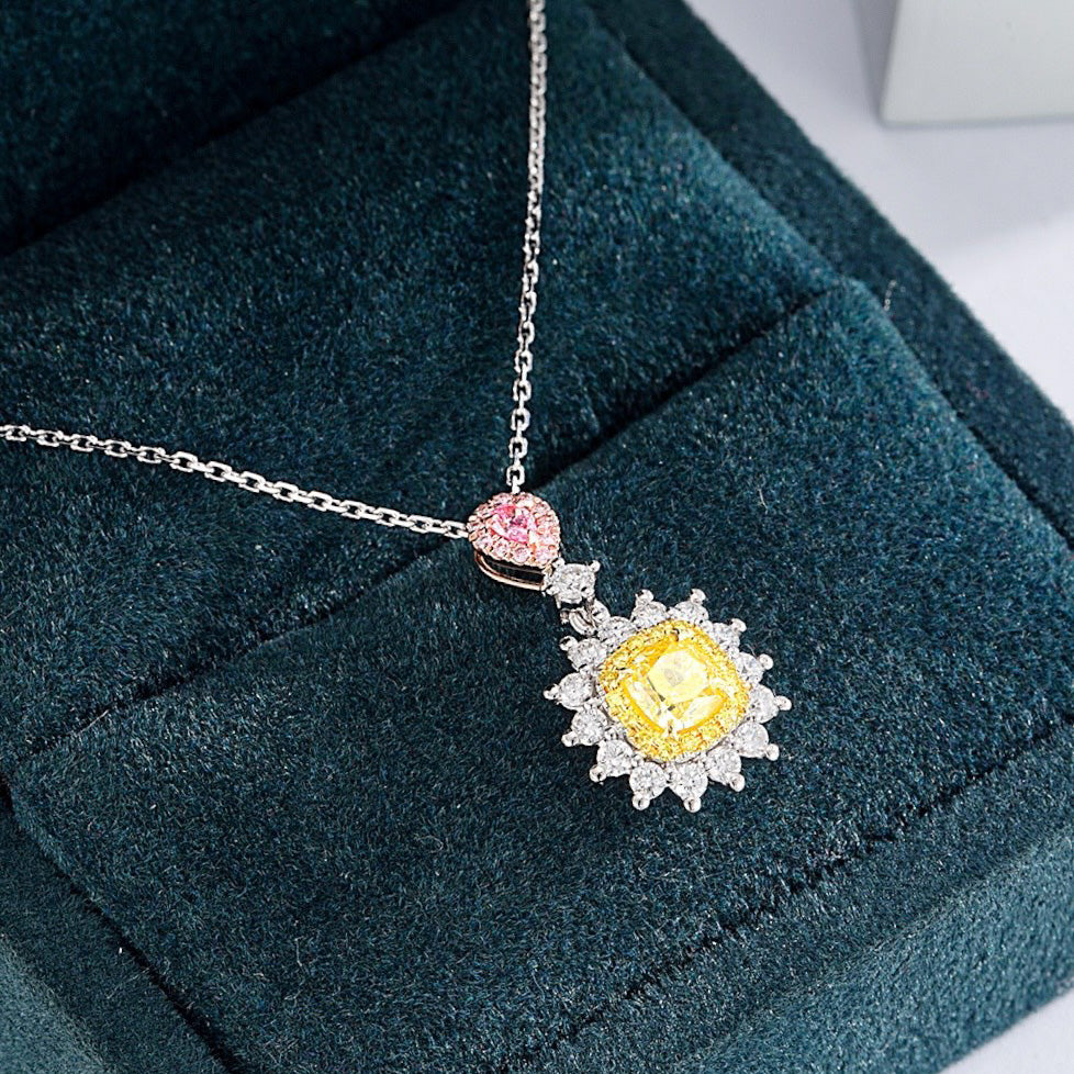 Cushion Cut Yellow Diamond Designer Pendant with Cable Chain -Perspective Close-up