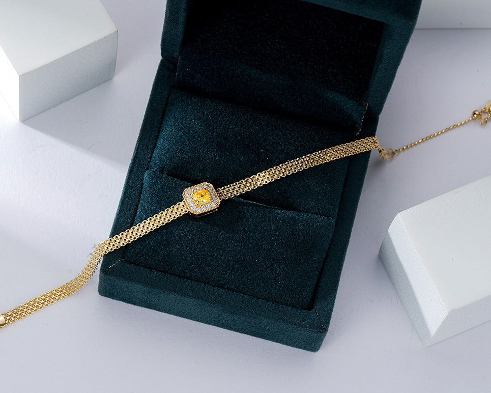 Cushion Cut Yellow Diamond Braided Bracelet in 18K Yellow Diamond -Perspective Close-up