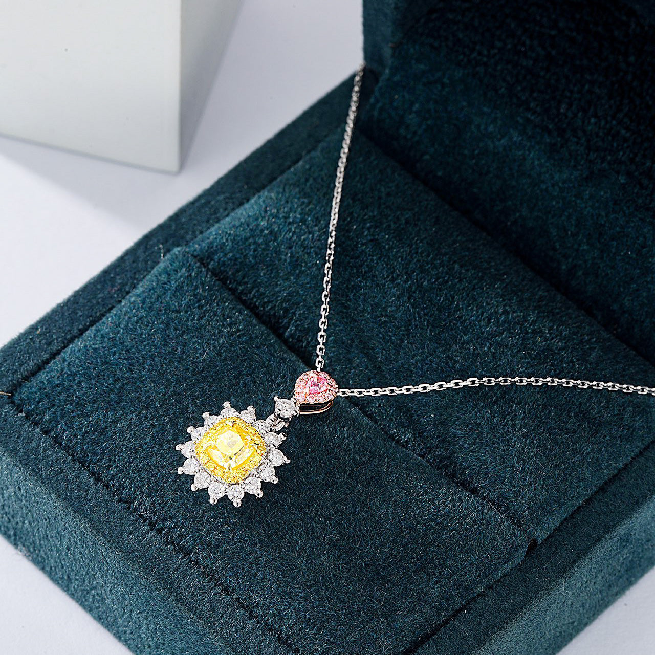 Cushion Cut Yellow Diamond Designer Pendant with Cable Chain -In-Box Display