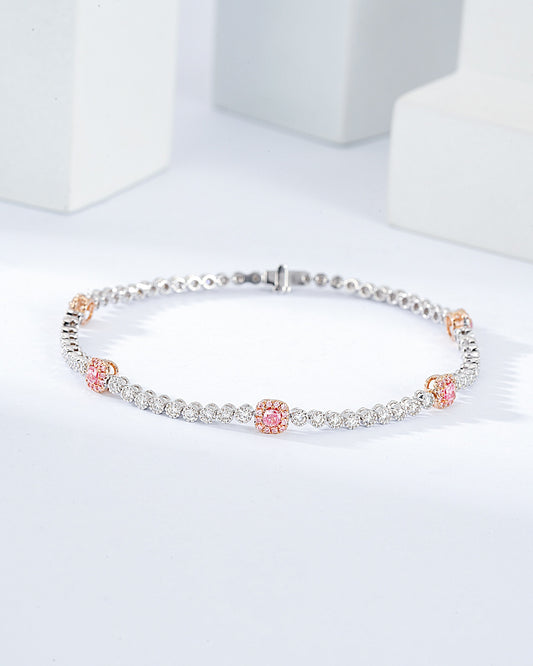 Cushion Cut Pink Diamond Station Tennis Bracelet in 18K White Gold