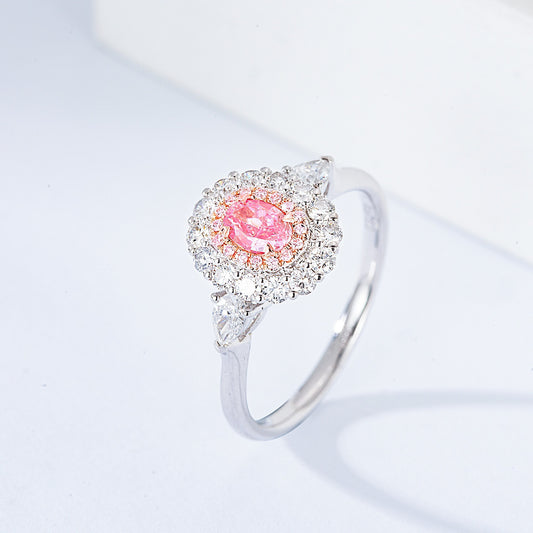 Oval Cut Pink Diamond Halo Three Stone Engagement Ring