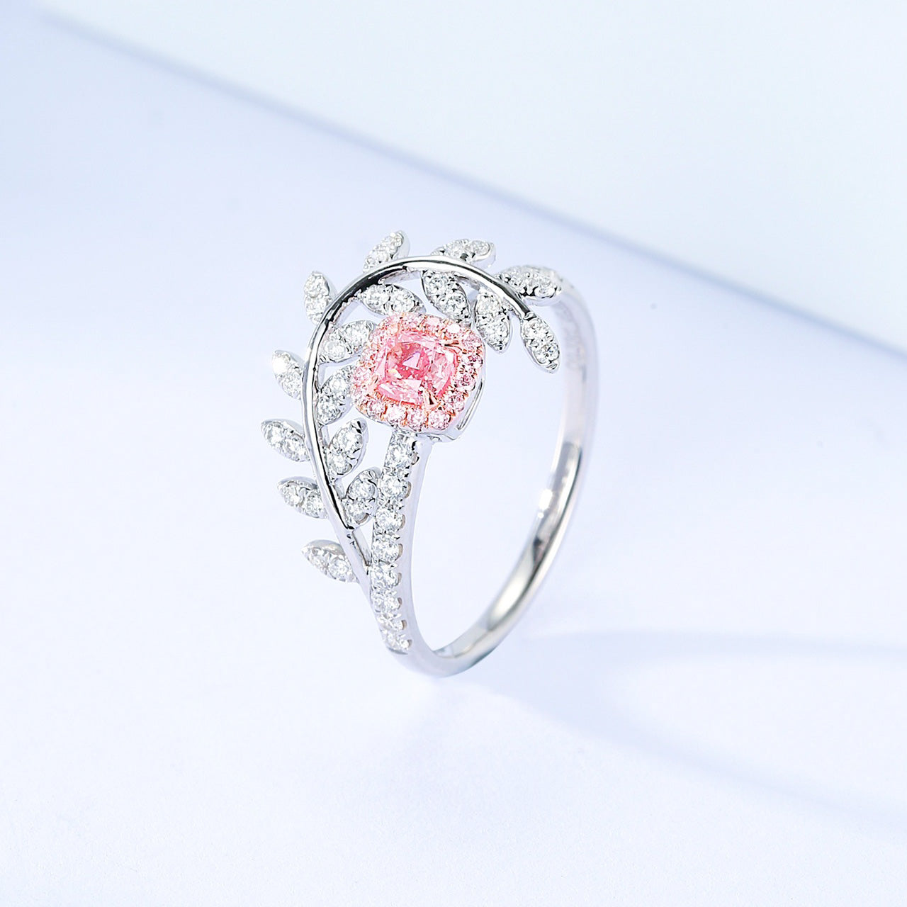 Cushion Cut Pink Diamond Olive Branch Engagement Ring -Side Angle
