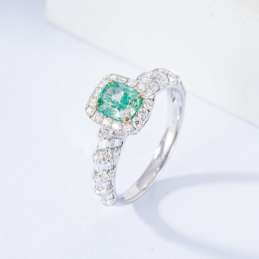 Cushion Cut Green Diamond Halo Engagement Ring with Baguette Cut Accents