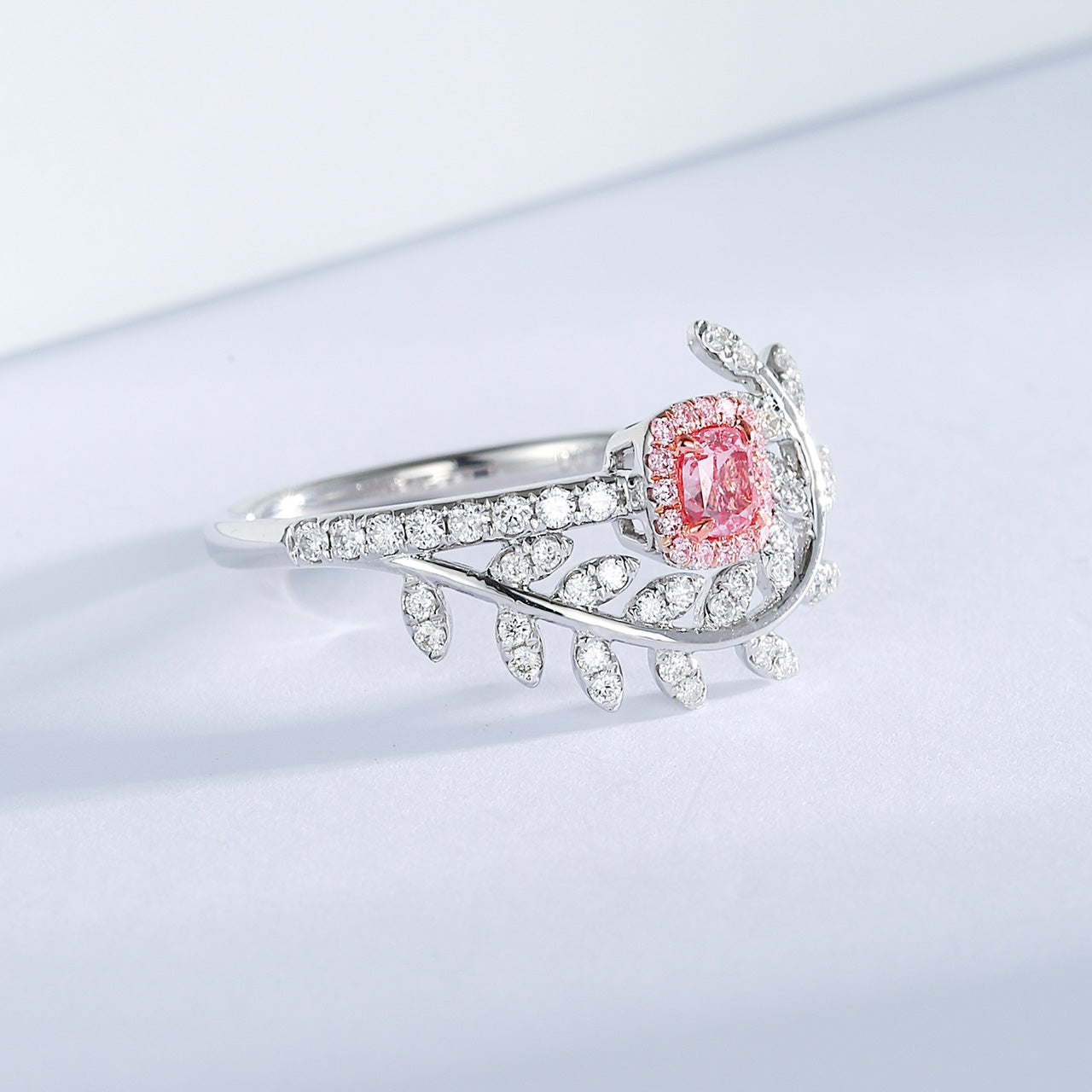 Cushion Cut Pink Diamond Olive Branch Engagement Ring -Top View