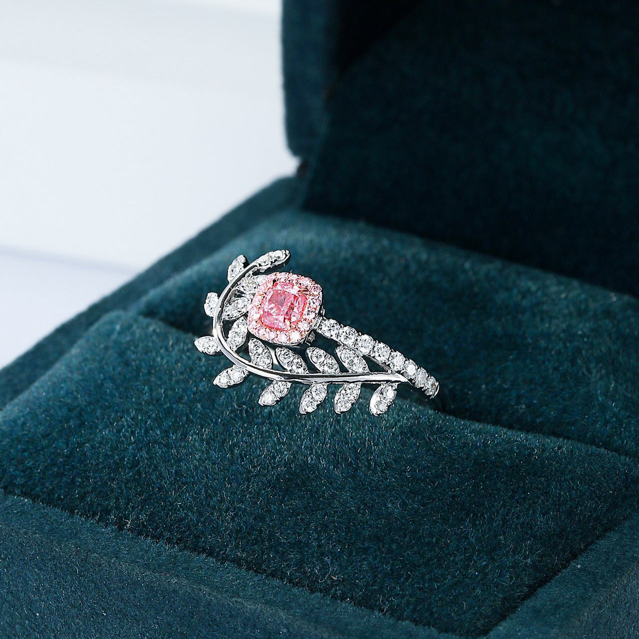 Cushion Cut Pink Diamond Olive Branch Engagement Ring -In-Box Display