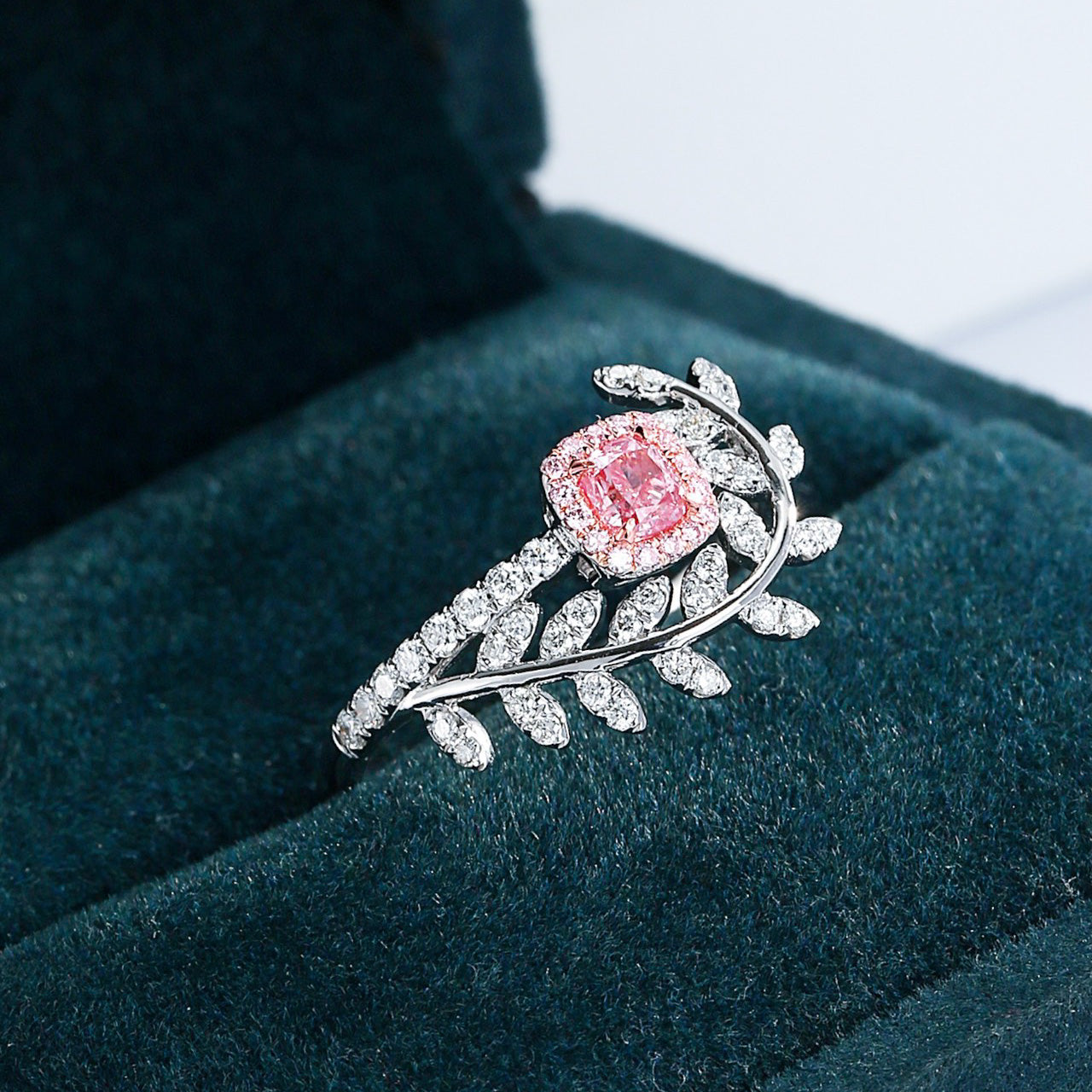 Cushion Cut Pink Diamond Olive Branch Engagement Ring -Perspective Close-up