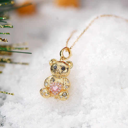 Pink Diamond Christmas Teddy Bear Pendant in 18K Gold