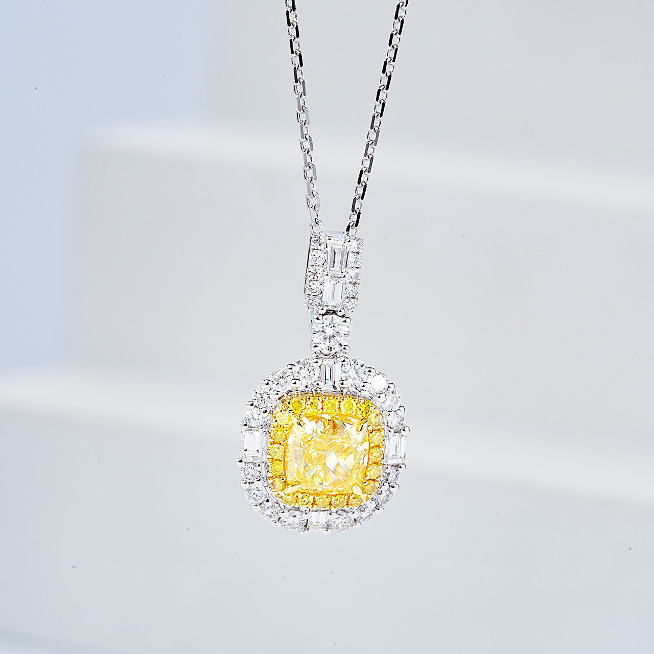 Cushion Cut Yellow Diamond Pendant with Baguette Diamond Accents -Front View