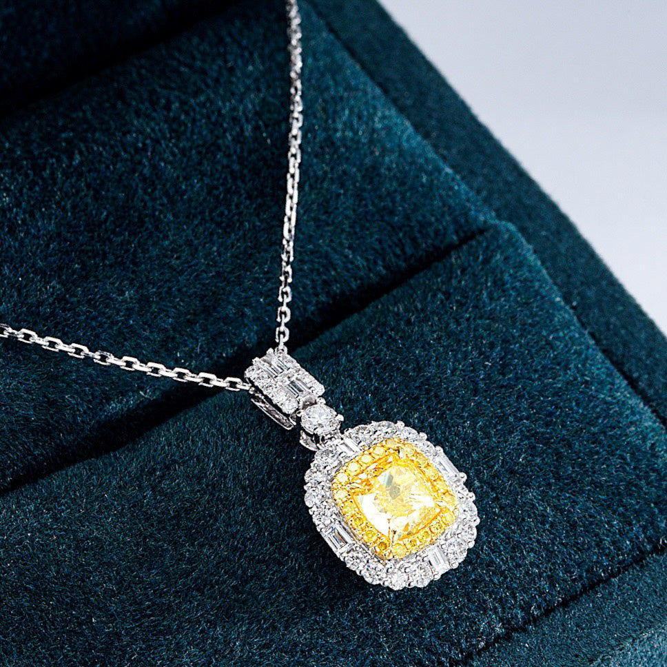 Cushion Cut Yellow Diamond Pendant with Baguette Diamond Accents -Perspective Close-up
