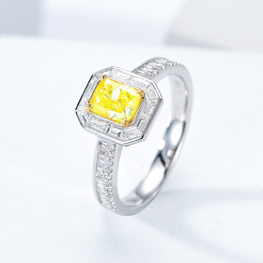 Radiant Cut Yellow Diamond Engagement Ring with Baguette Halo