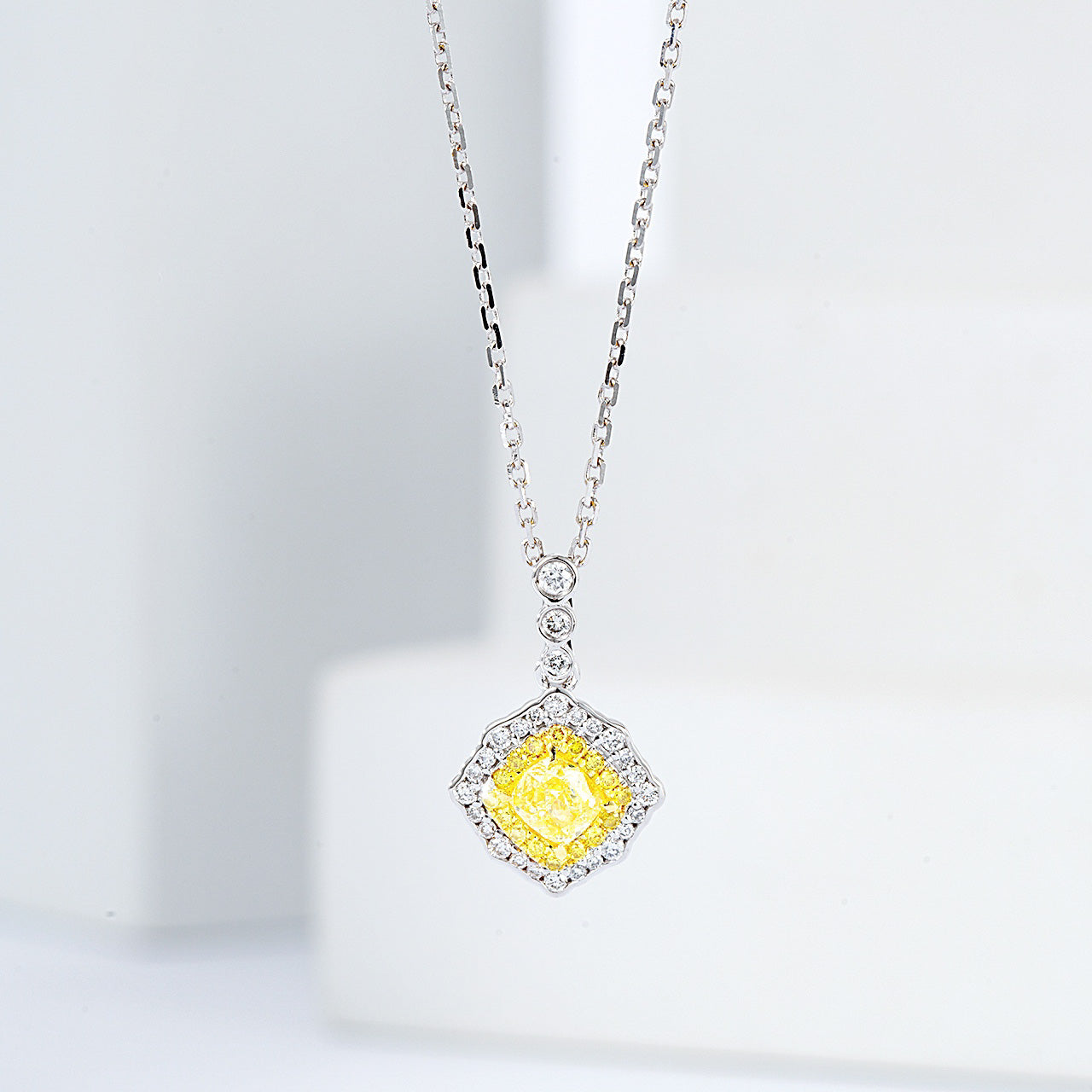 Cushion Cut Yellow Diamond Halo Pendant wiht Cable Chain -Front View