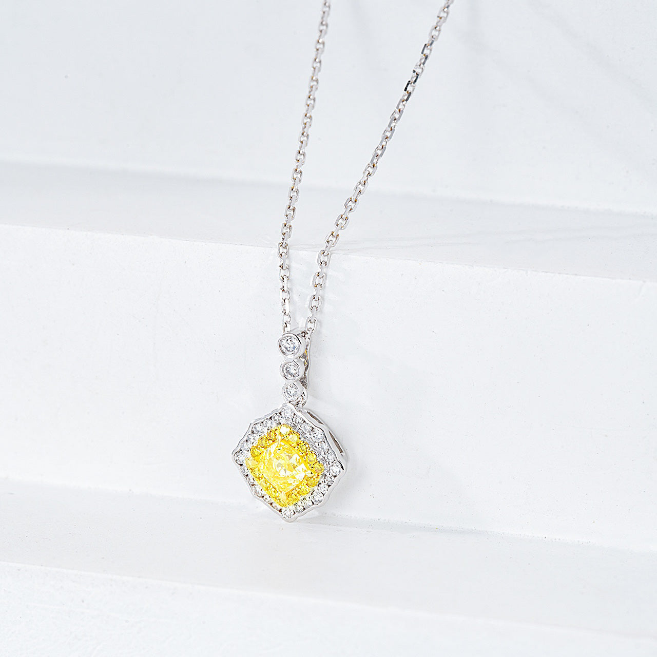Cushion Cut Yellow Diamond Halo Pendant wiht Cable Chain -Side Angle