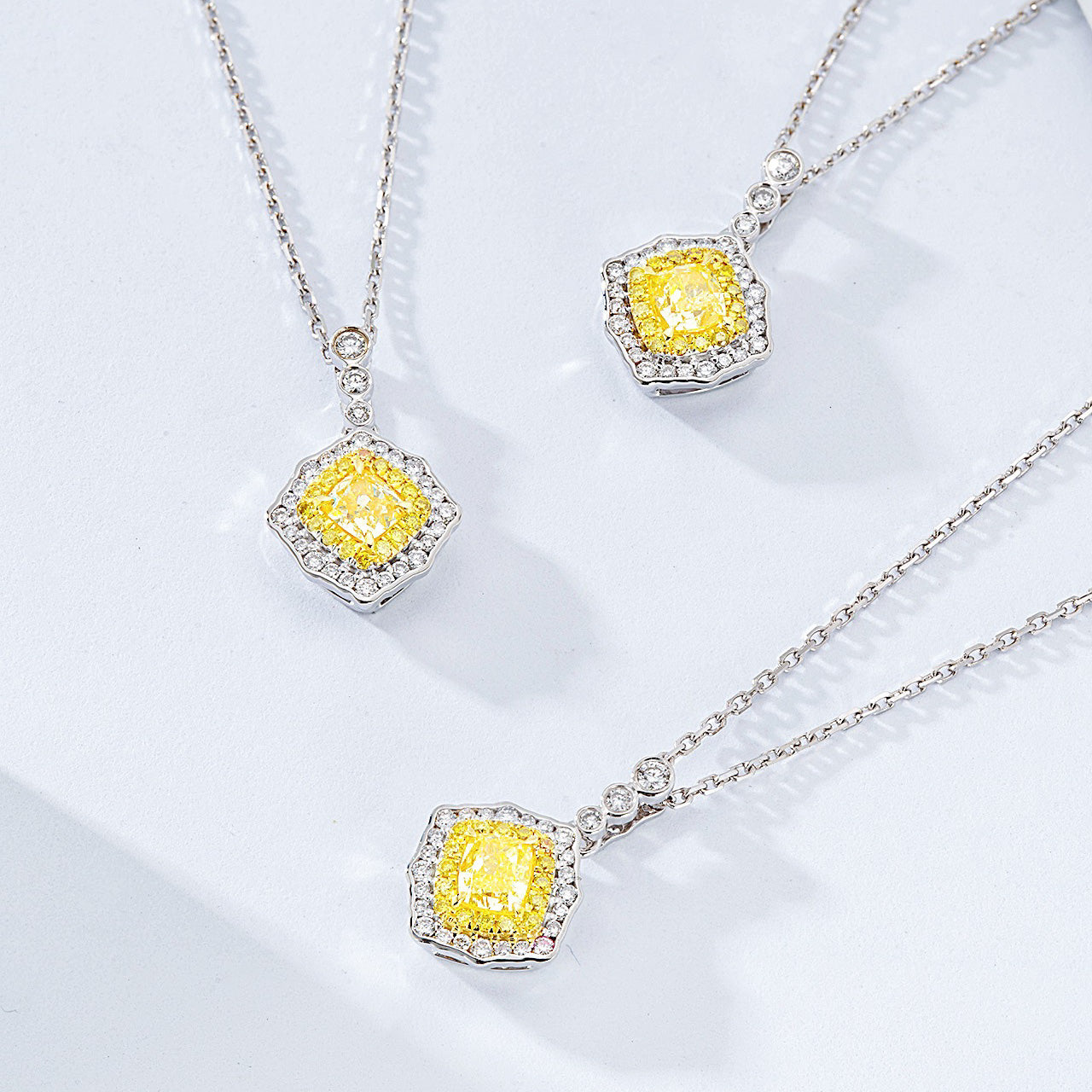 Cushion Cut Yellow Diamond Halo Pendant wiht Cable Chain -Top View