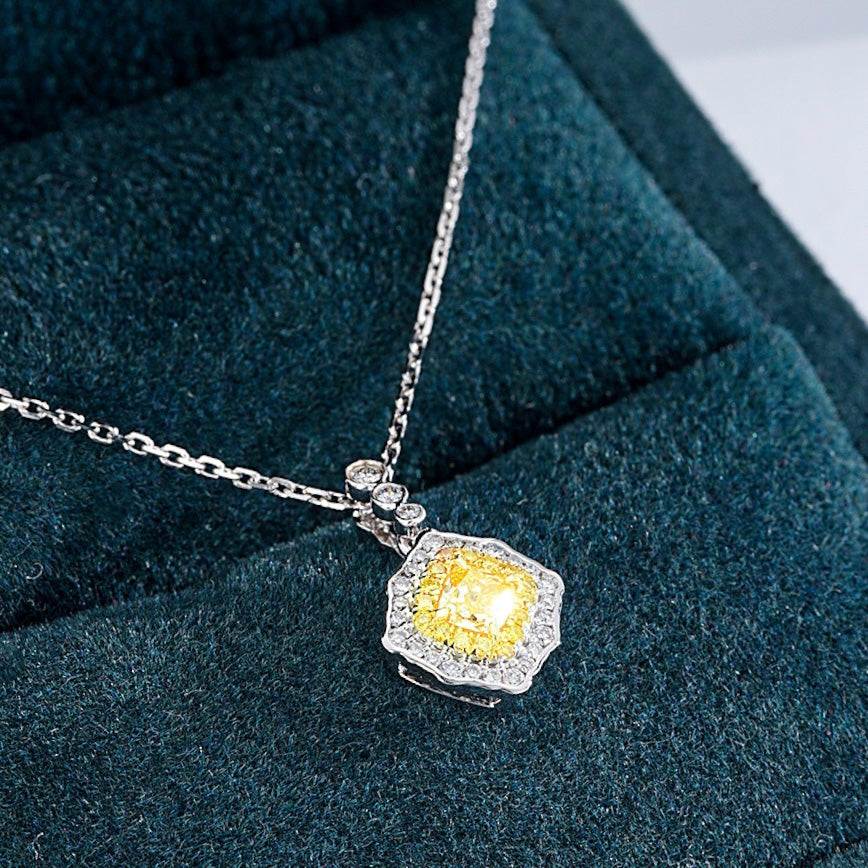 Cushion Cut Yellow Diamond Halo Pendant wiht Cable Chain -Perspective Close-up