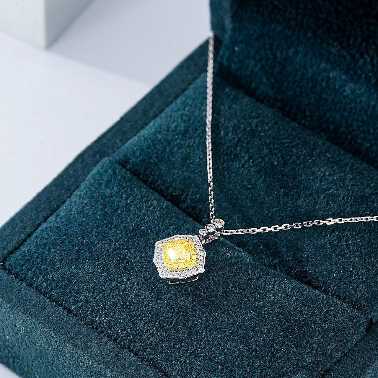 Cushion Cut Yellow Diamond Halo Pendant wiht Cable Chain -In-Box Display