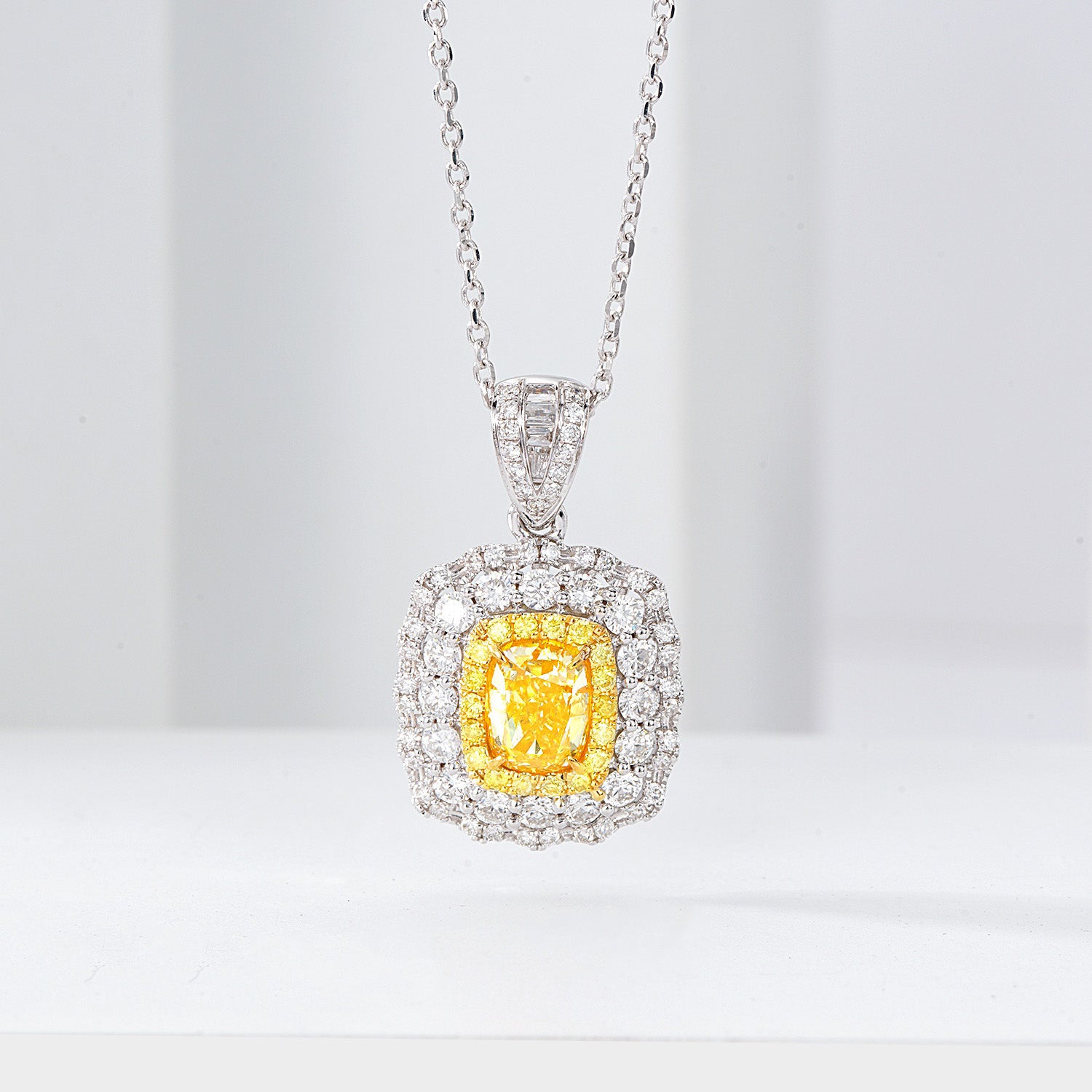 Cushion Cut Yellow Diamond Pendant with Floral Halo Setting -Front View