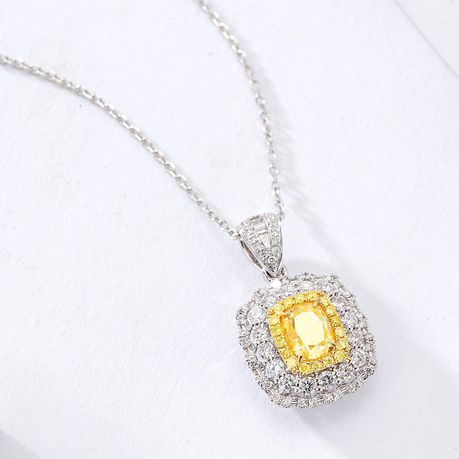 Cushion Cut Yellow Diamond Pendant with Floral Halo Setting -Top View