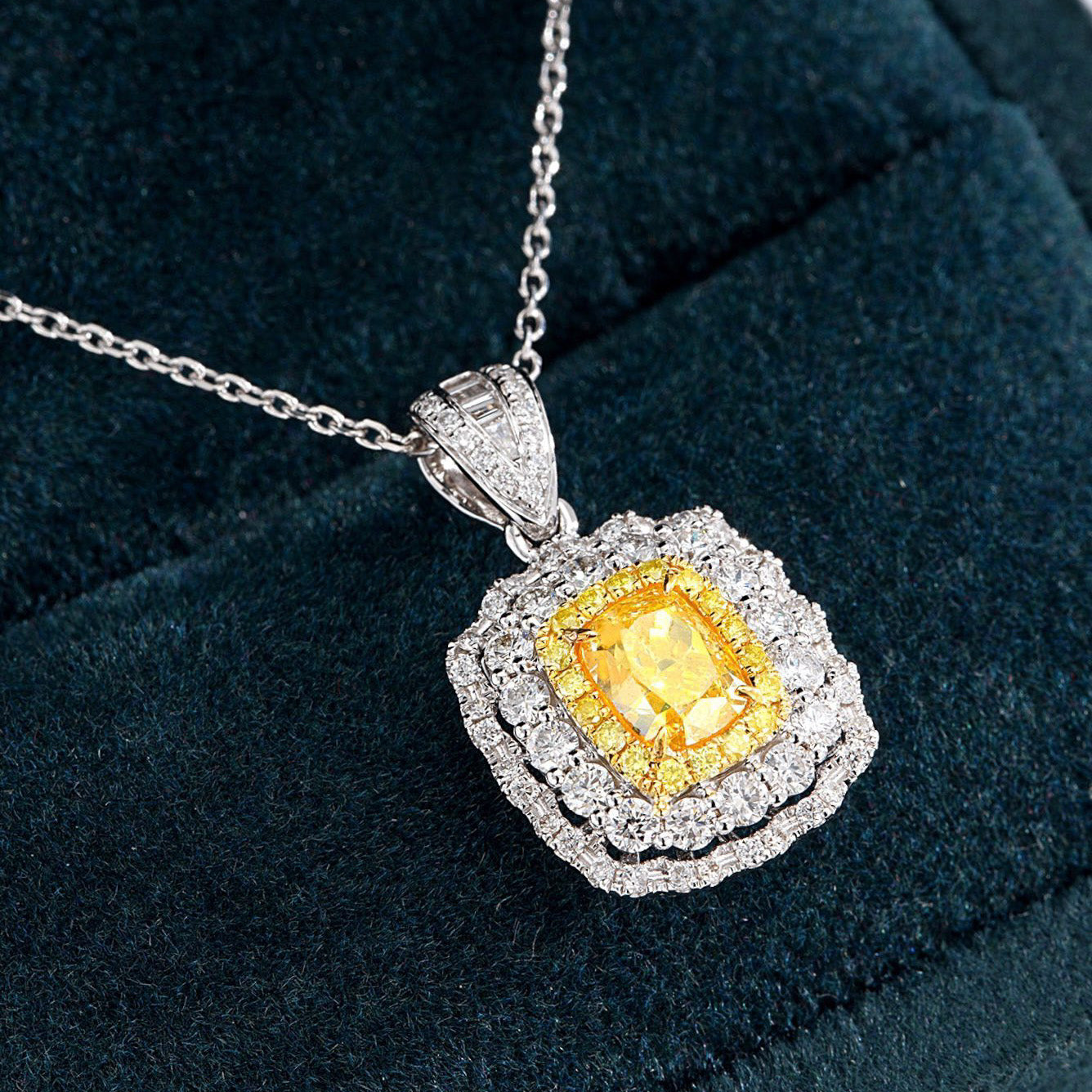 Cushion Cut Yellow Diamond Pendant with Floral Halo Setting -Perspective Close-up