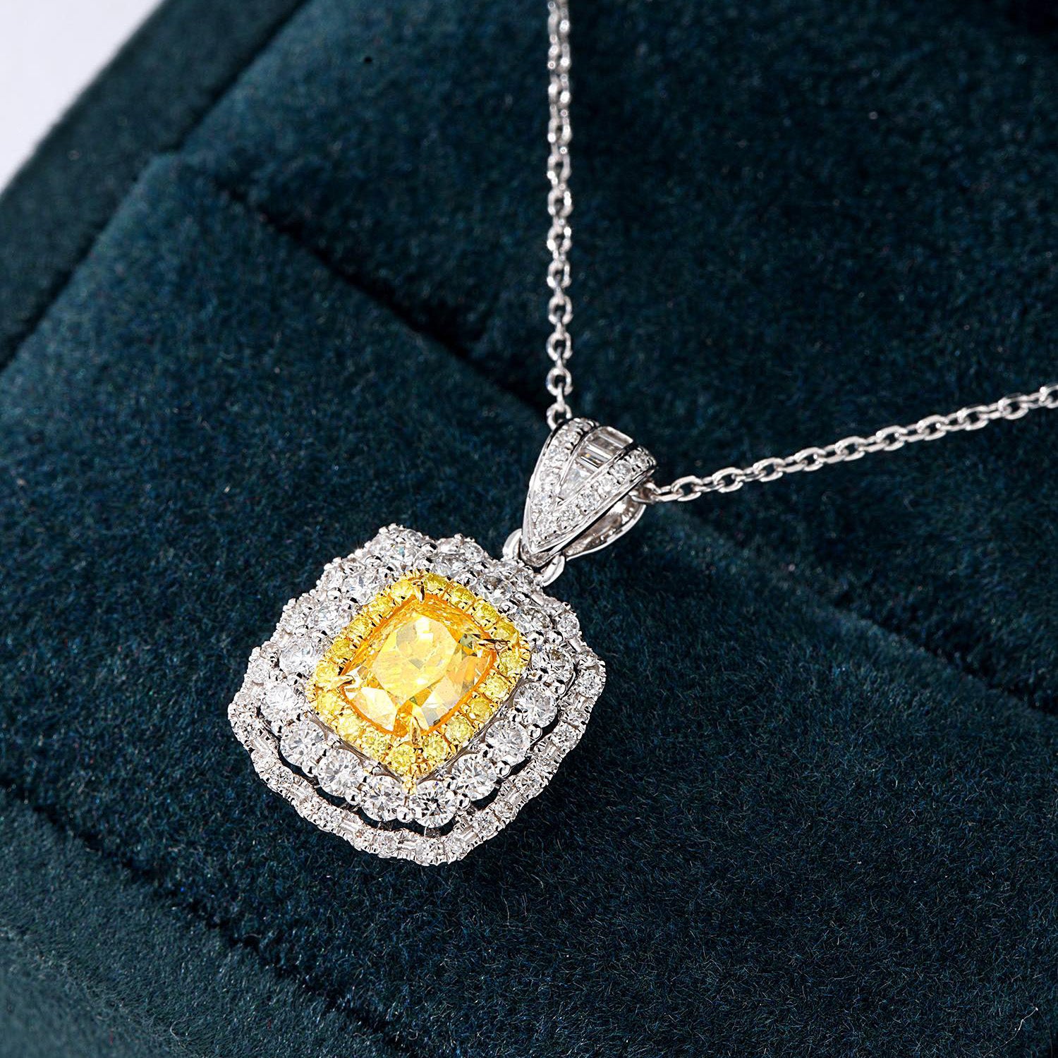 Cushion Cut Yellow Diamond Pendant with Floral Halo Setting -In-Box Display