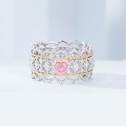 Heart Shaped Pink Diamond Ring with Filigree Lace Design in White Gold