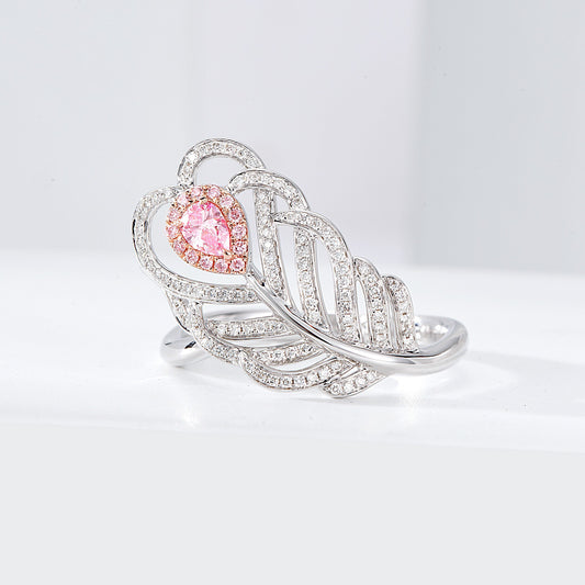Pear Shaped Pink Diamond Feather Ring in 18K White Gold