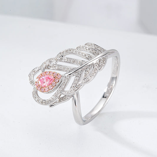 Pear Shaped Pink Diamond Feather Ring in 18K White Gold