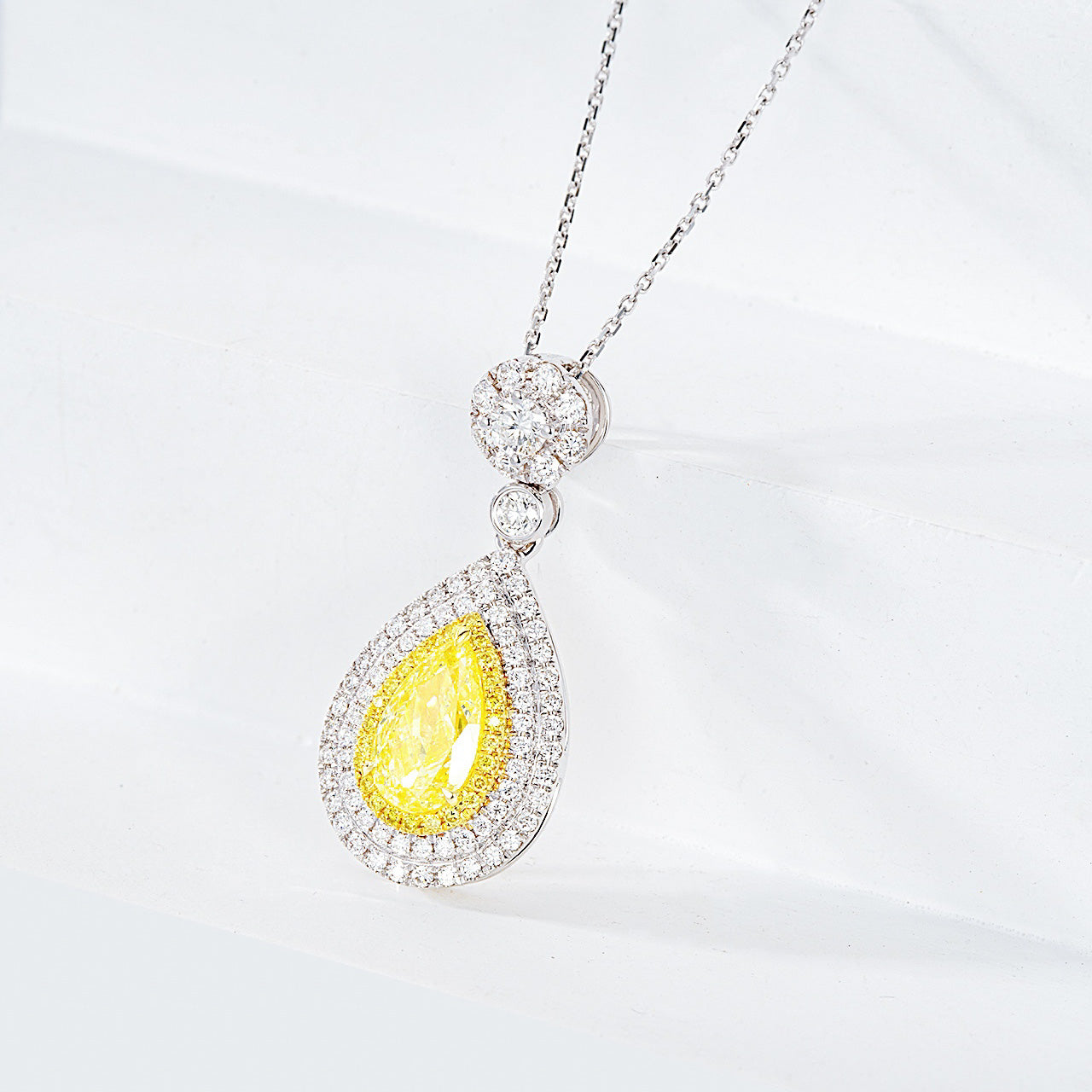 Pear Shaped Yellow Diamond Double Halo Pendant in 18K White Gold -Top View