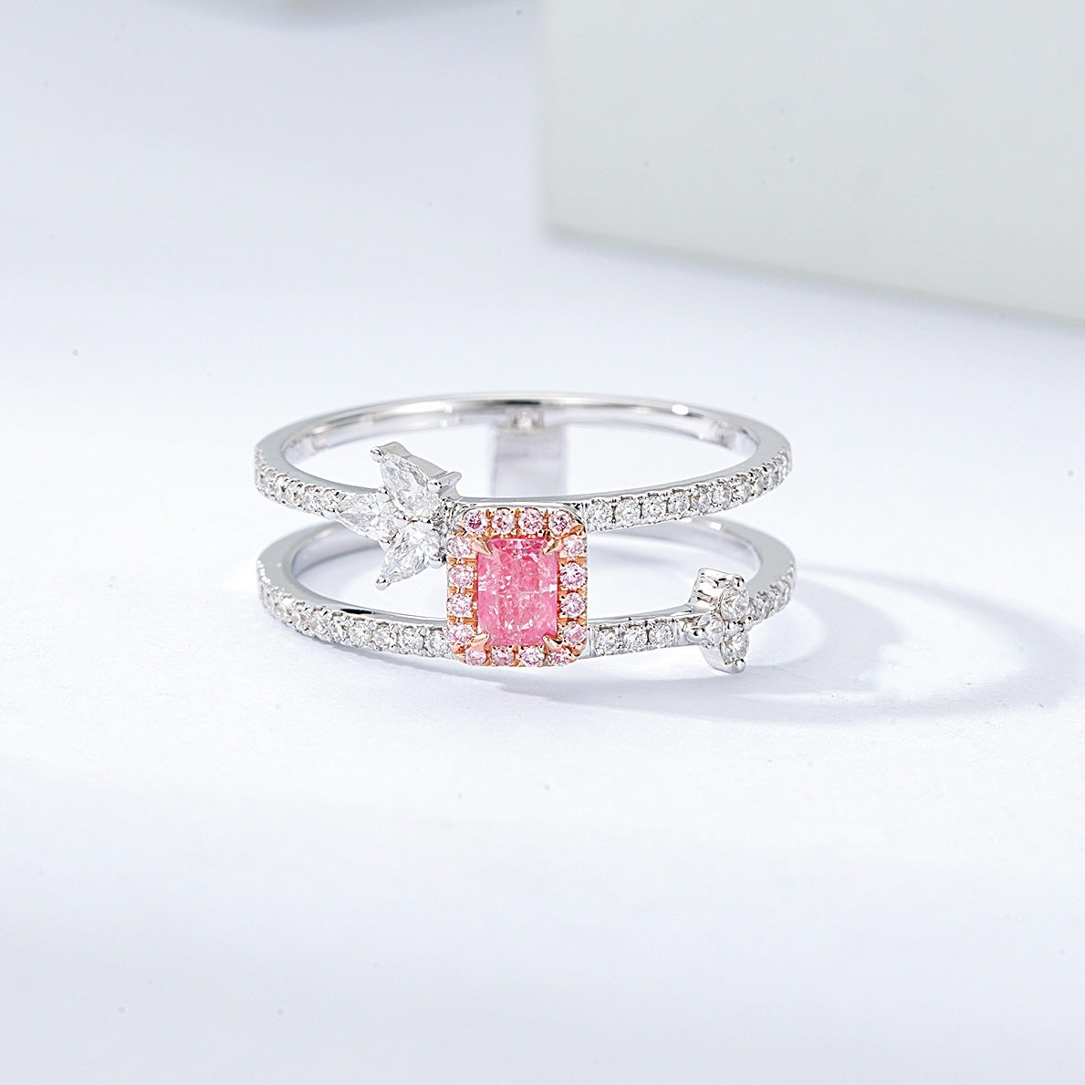 Radiant Cut Pink Diamond Double Band Ring with Arrow Design -Front View