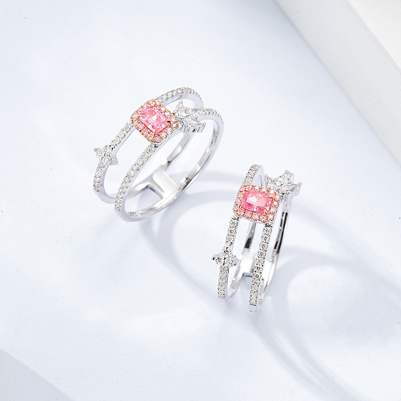 Radiant Cut Pink Diamond Double Band Ring with Arrow Design -Side Angle