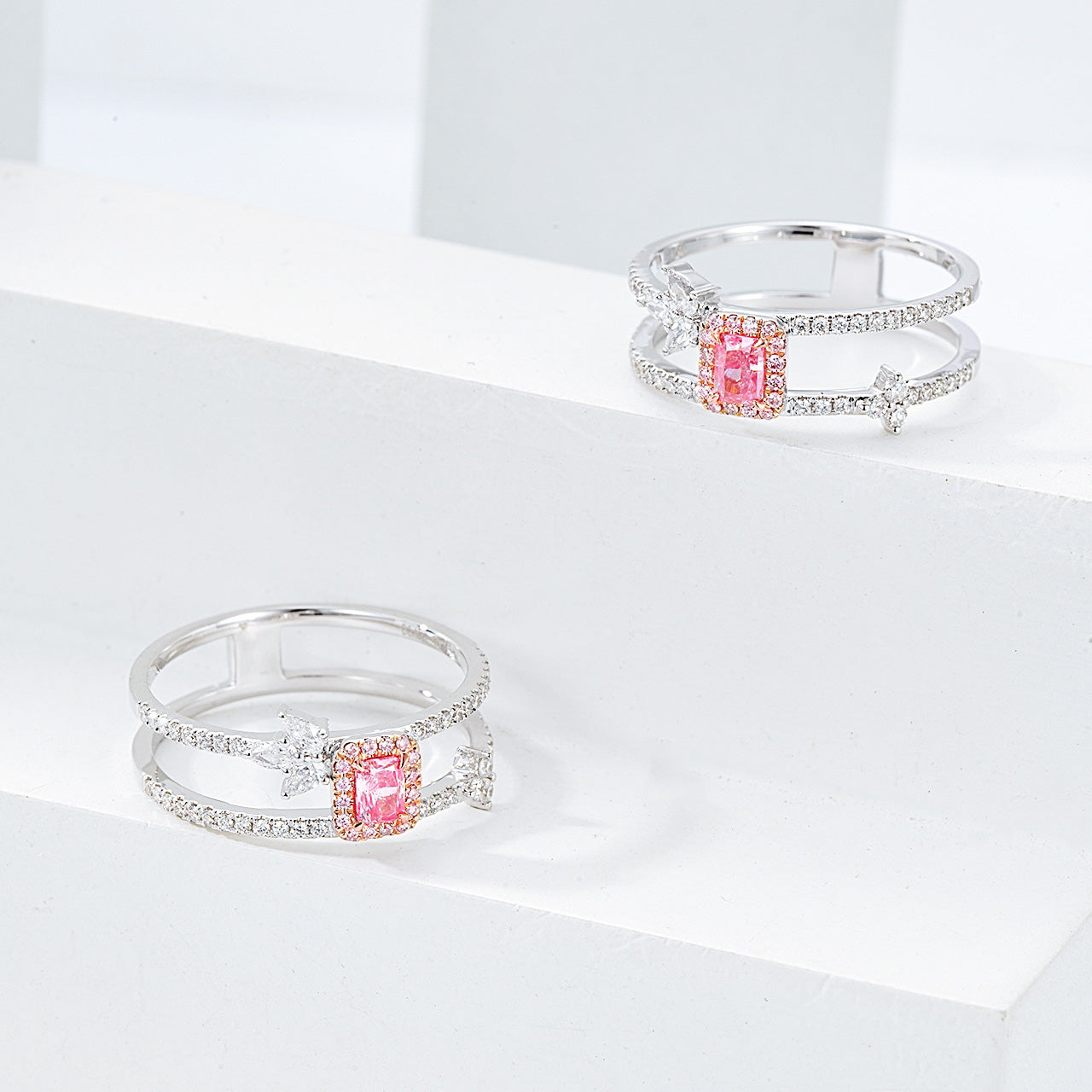 Radiant Cut Pink Diamond Double Band Ring with Arrow Design -Top View