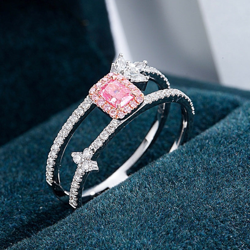 Radiant Cut Pink Diamond Double Band Ring with Arrow Design -Perspective Close-up