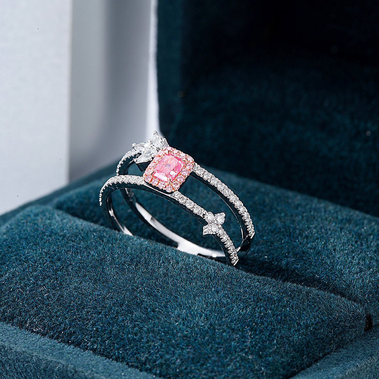 Radiant Cut Pink Diamond Double Band Ring with Arrow Design -In-Box Display