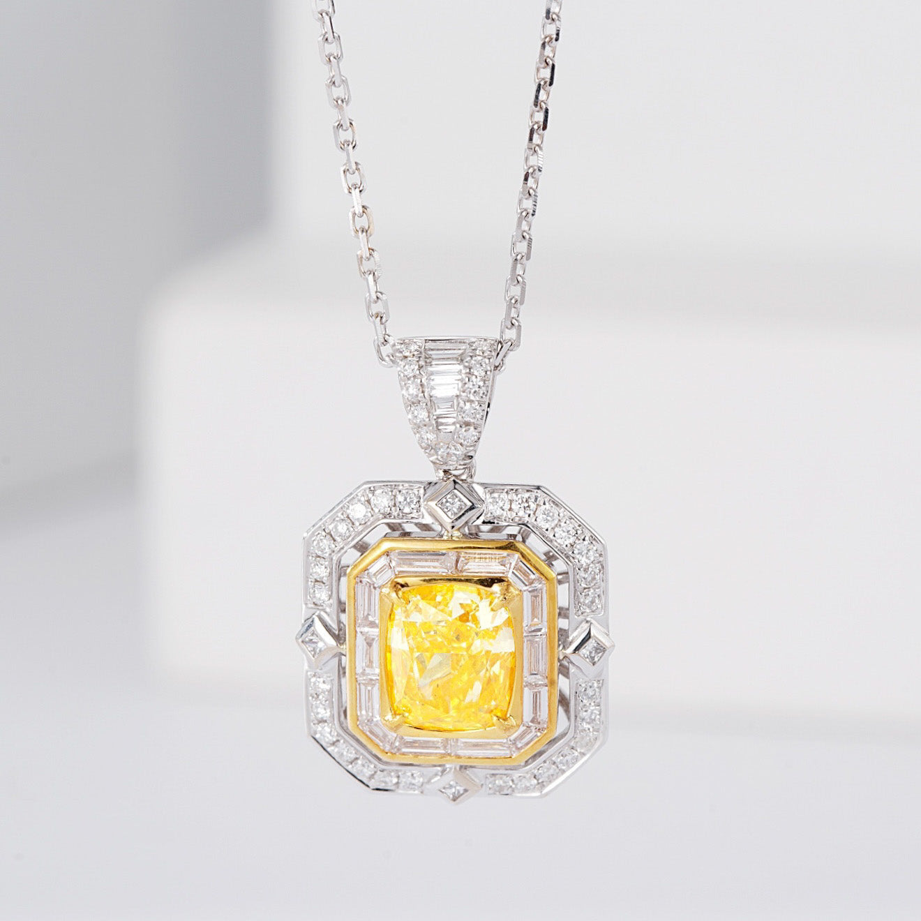 Cushion Cut Yellow Diamond Pendant with Baguette Diamond Intricate Setting -Front View
