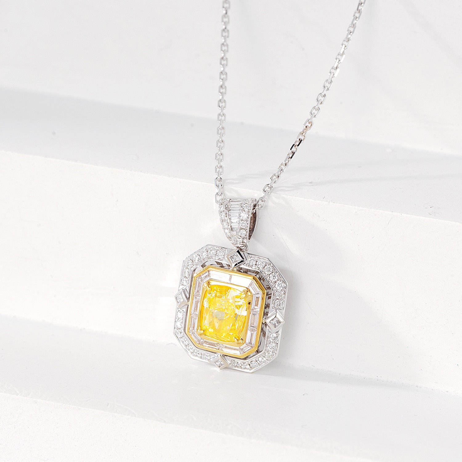 Cushion Cut Yellow Diamond Pendant with Baguette Diamond Intricate Setting -Top View