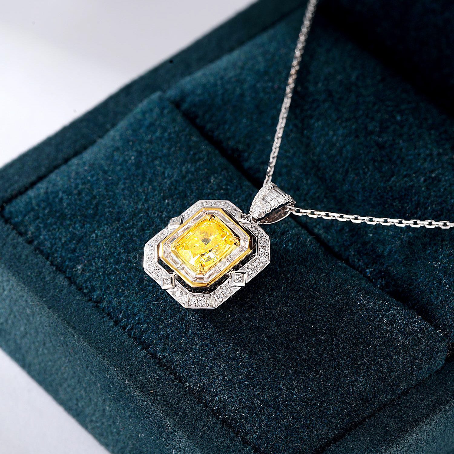 Cushion Cut Yellow Diamond Pendant with Baguette Diamond Intricate Setting -In-Box Display