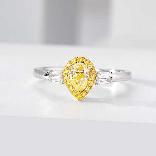 Pear Shaped Yellow Diamond Three Stone Engagement Ring