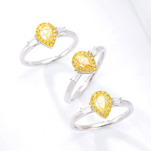 Pear Shaped Yellow Diamond Three Stone Engagement Ring