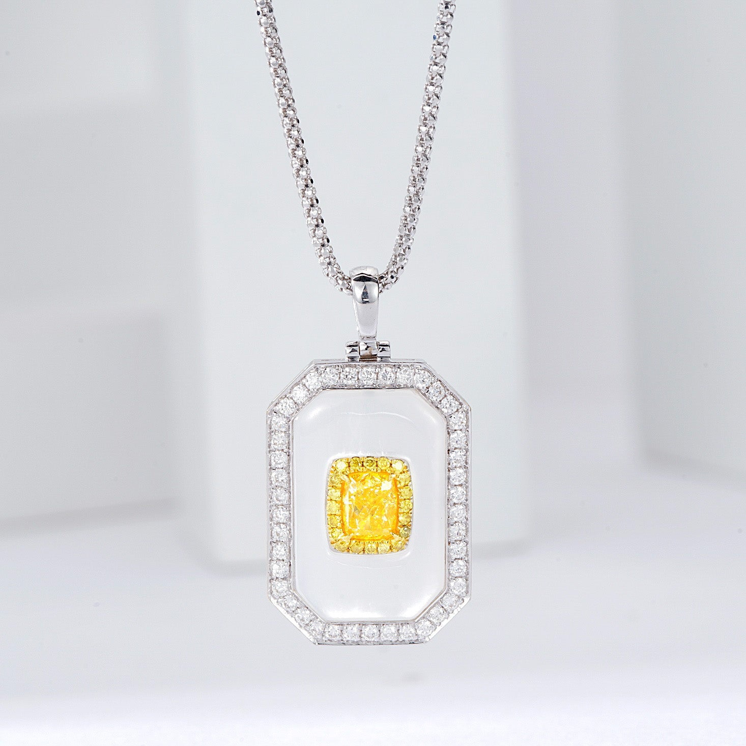 Cushion Cut Yellow Diamond with Mother-of-Pearl Square Pendant -Front View