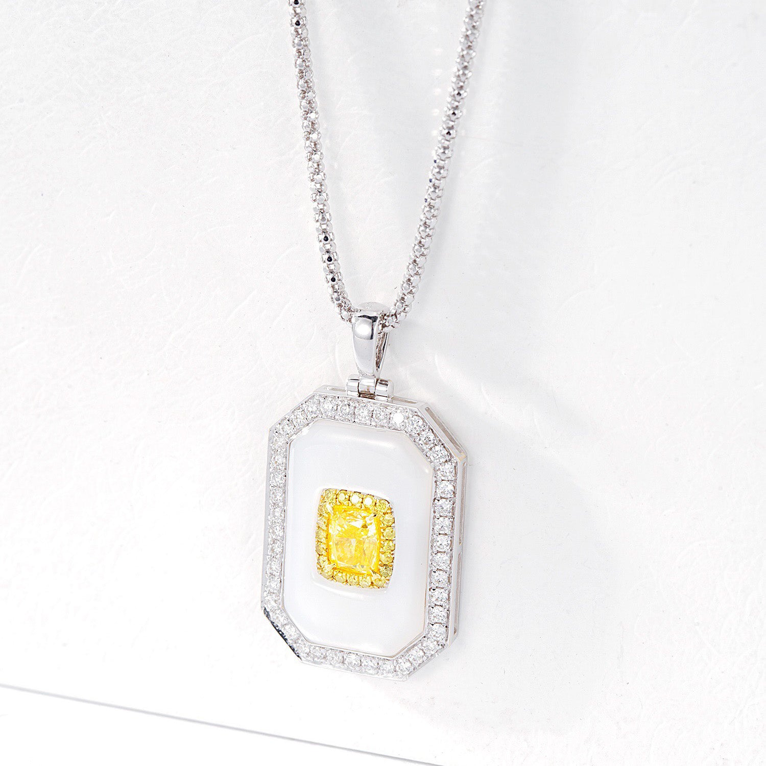 Cushion Cut Yellow Diamond with Mother-of-Pearl Square Pendant -Top View