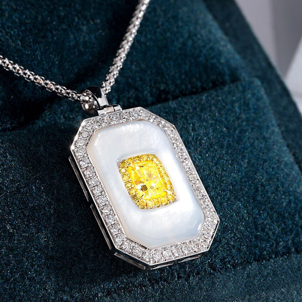 Cushion Cut Yellow Diamond with Mother-of-Pearl Square Pendant -Perspective Close-up