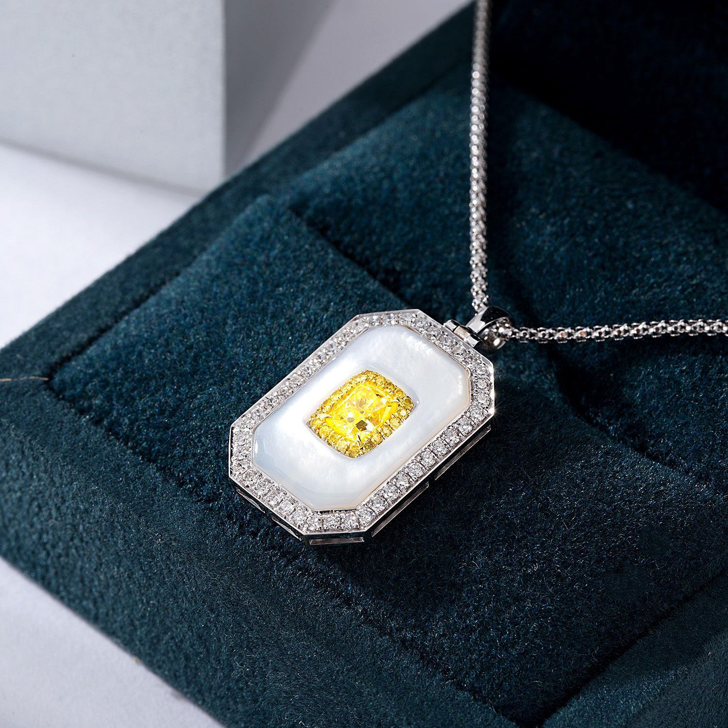 Cushion Cut Yellow Diamond with Mother-of-Pearl Square Pendant -In-Box Display