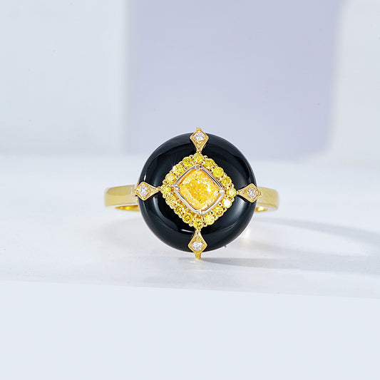 Cushion Cut Yellow Diamond Ring with Onyx Accent in Vintage Inspired Design