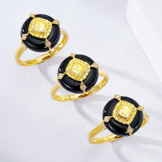 Cushion Cut Yellow Diamond Ring with Onyx Accent in Vintage Inspired Design