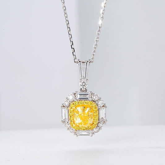 Cushion Cut Yellow Diamond Halo Pendant with Baguette Diamond