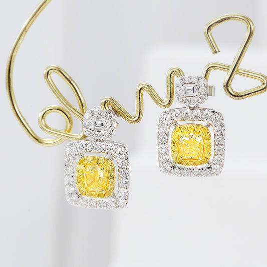 Cushion Cut Yellow Diamond Drop Earrings in White Gold