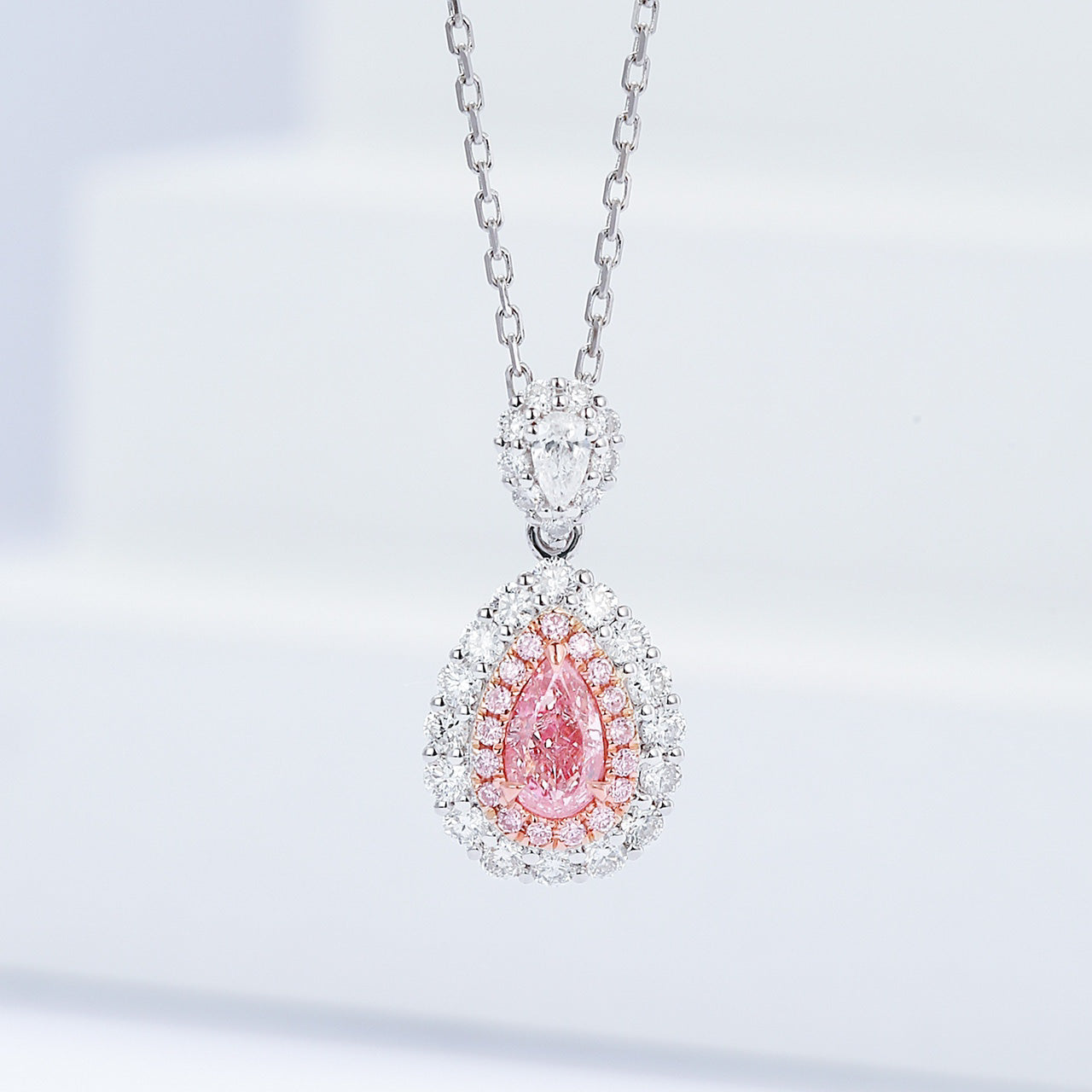 Pear Shaped Yellow Diamond Halo Pendant in 18K White Gold -Front View