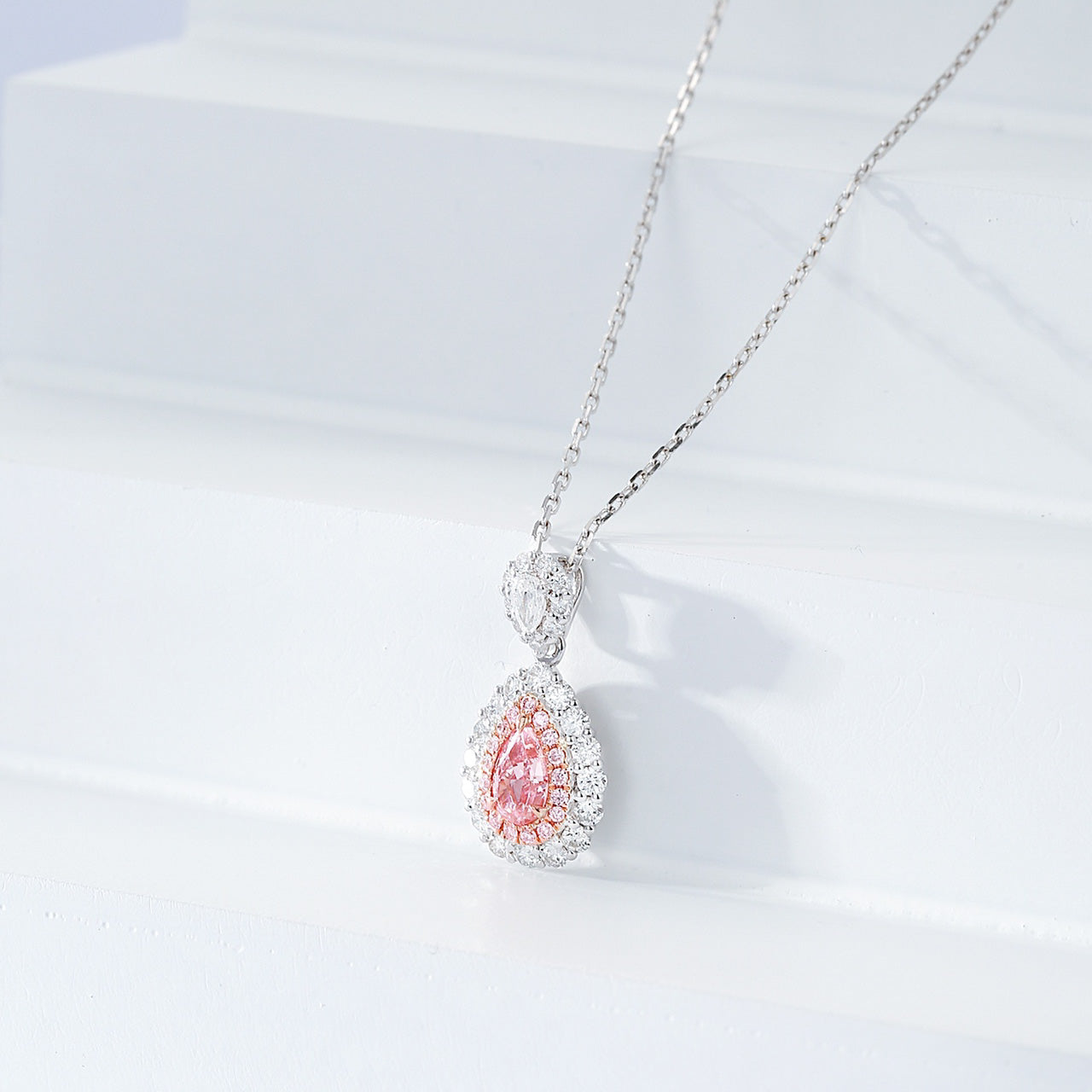 Pear Shaped Yellow Diamond Halo Pendant in 18K White Gold -Top View