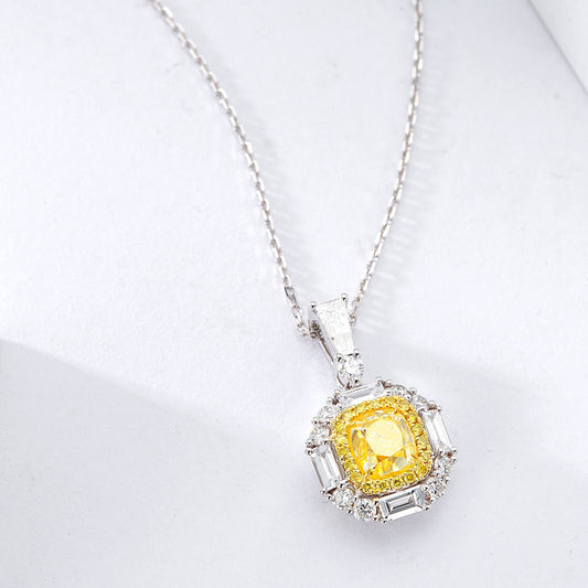Cushion Cut Yellow Diamond Halo Pendant with Baguette Diamond